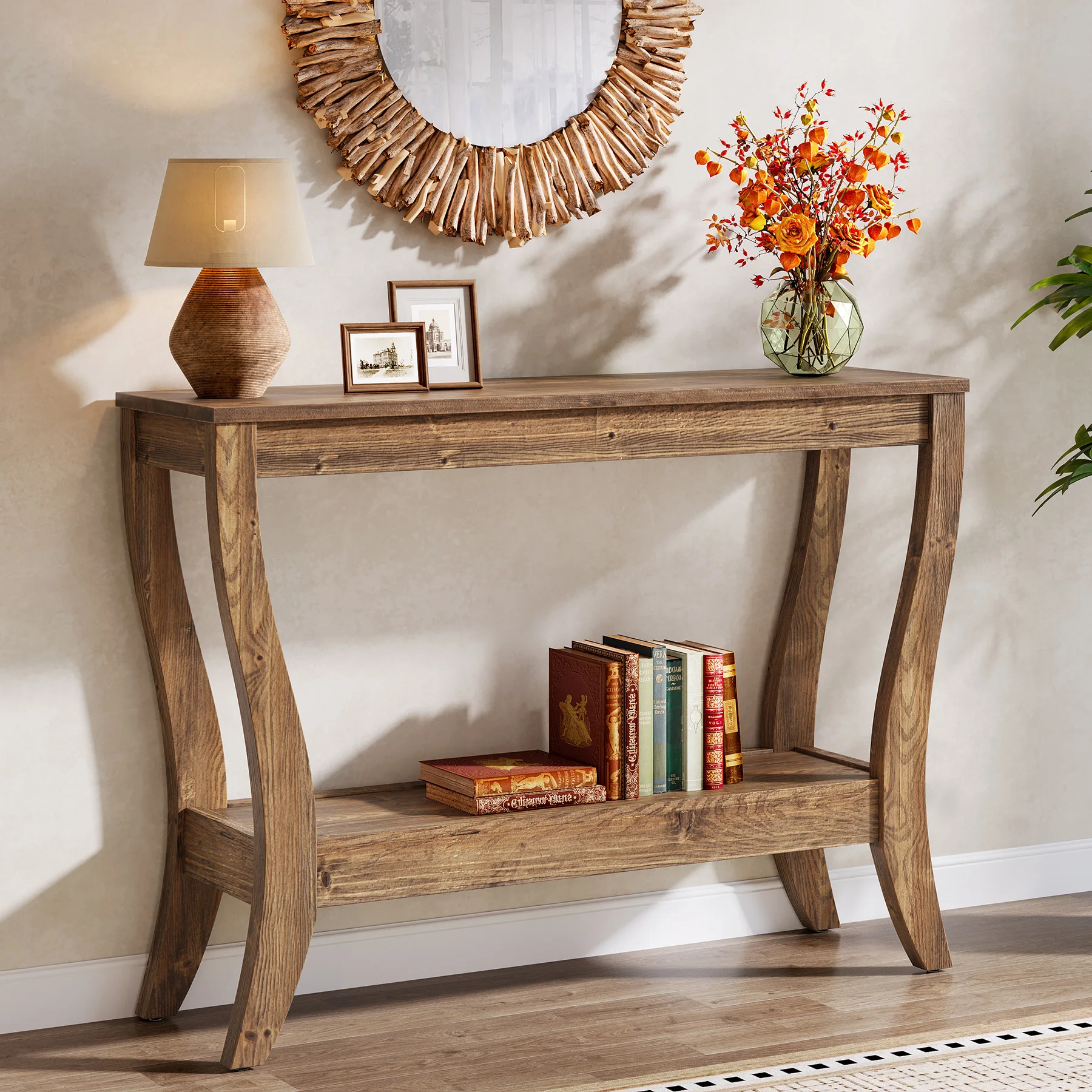 Solid Wood Console Table with Storage, 41.3-Inch Farmhouse Entryway Table with Shelf, 2-Tier Wooden Sofa Table for Living Room, Hallway, Foyer, Brown