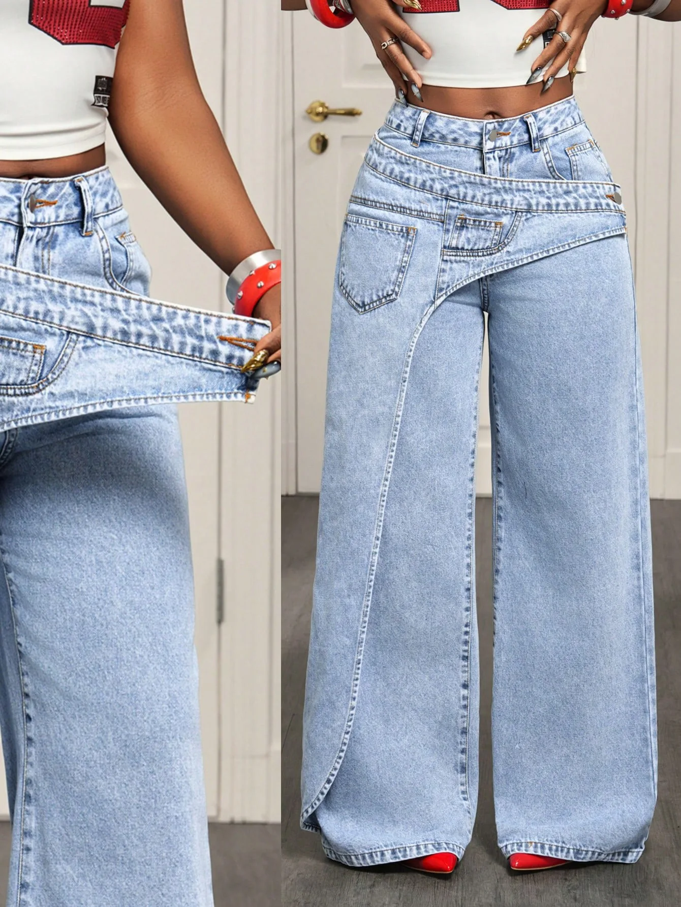 Women Y2K Irregular Cutout Wide Leg Jeans High Waist Asymmetrical Waistband Loose Denim Pants Streetwear Trousers