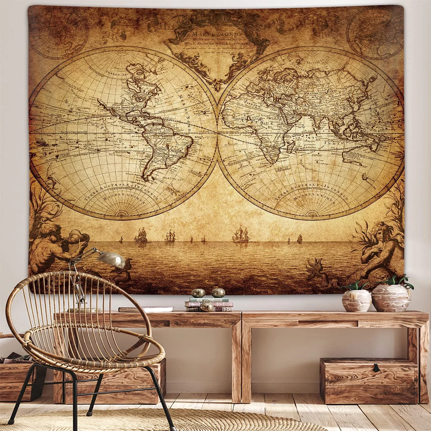 VIKAMA Vintage World Map Tapestry Pirate Treasure Chart Dormitory Living Room Office Wall Hanging Home Decor