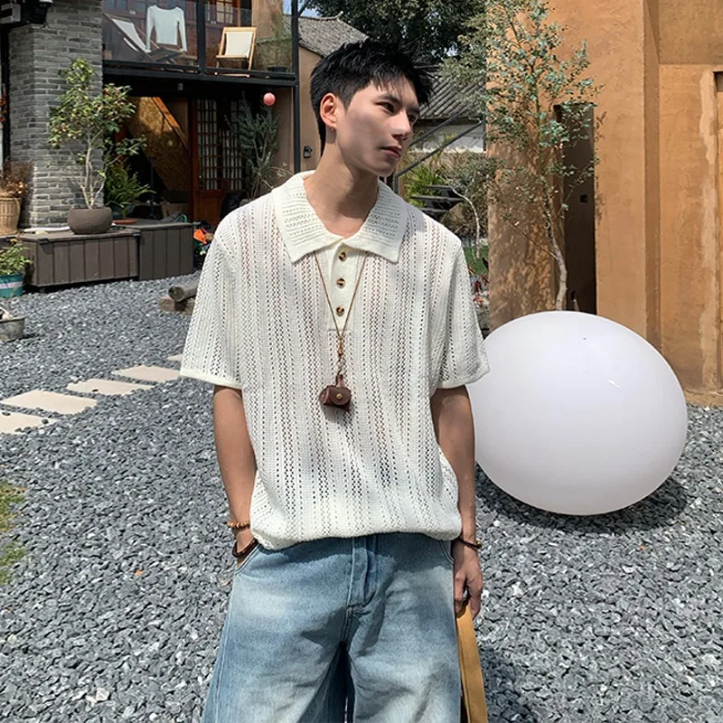 Summer Vintage Hollow Out Crochet Ice Silk Breathable Lapel Short Sleeve Knit Polo Shirt Men's Korean Streetwear Casual Top