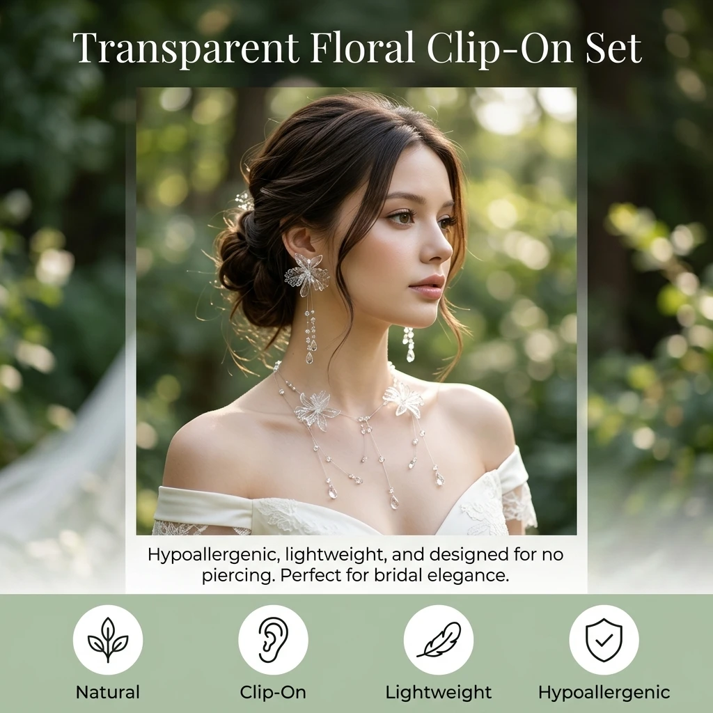Resin Jewelry Set for Party Girls Transparent Flower Necklace and Clip Earrings Hypoallergenic Crystal Style Gift Set