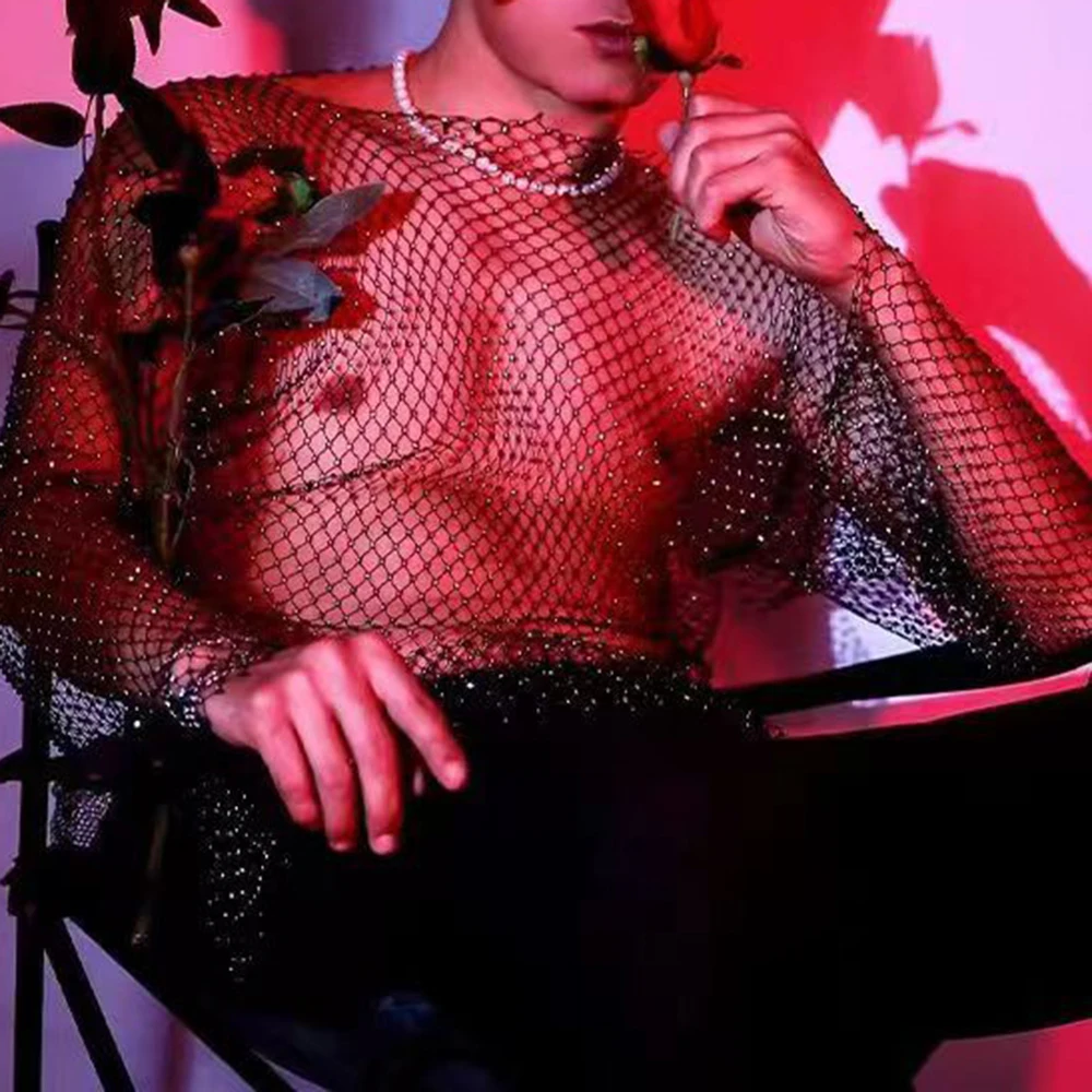 Mens Sexy Rhinestone Hollow Fishnet T-Shirt Streetwear Niche Nightclub Stage Show Performance Long-Sleeved Top Men'S Clothing