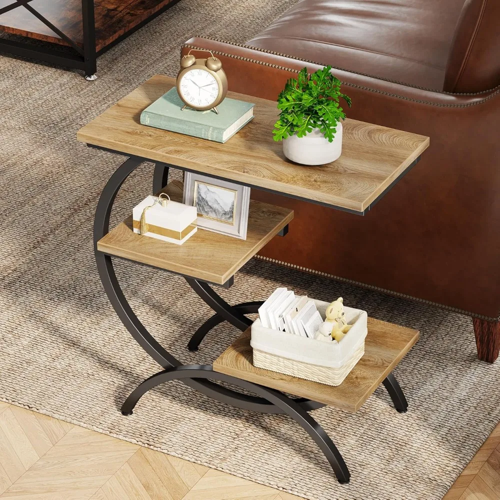 

C-Shaped End Table - Industrial 3-Tier Side Table with Storage for Couch, Living Room, Small Spaces
