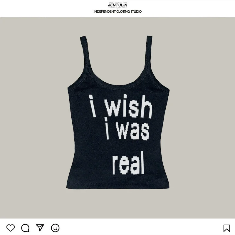 Women Y2K I Wish I Was Real Letter Print Cami Tank Top Vintage Aesthetic Sleeveless Spaghetti Strap Slim Fit Summer Vest
