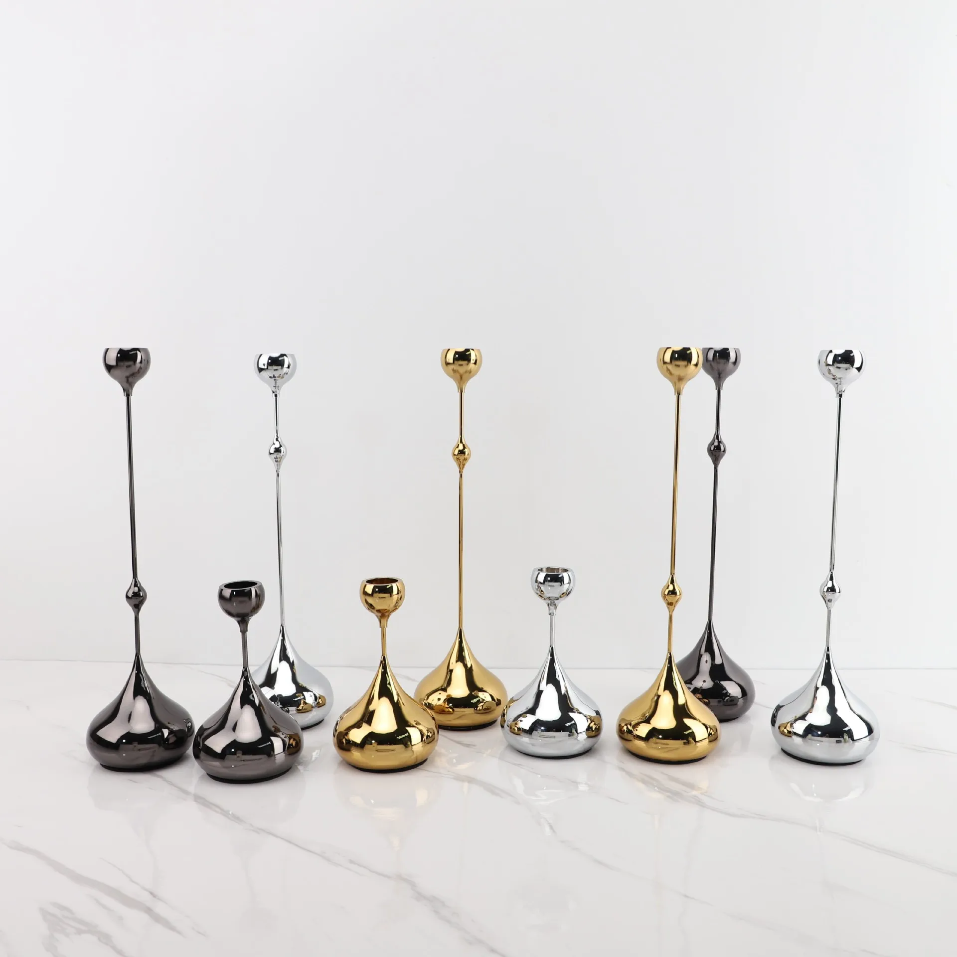 Metal Candlestick Drop Shape Silver Tall Candle Holder Geometric Pin Candelabros Decorativos Centerpieces Home Decoration