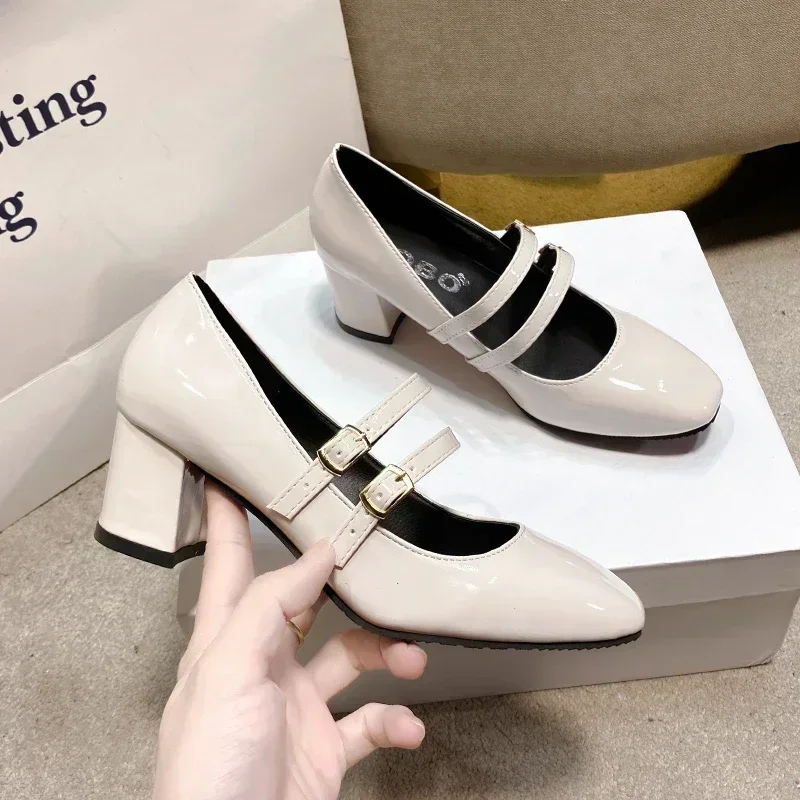 2024 Spring Autumn Women Double Buckle Mary Janes Shoes Patent Leather Dress Square Head Square Heel Solid Color Women\'s Shoes