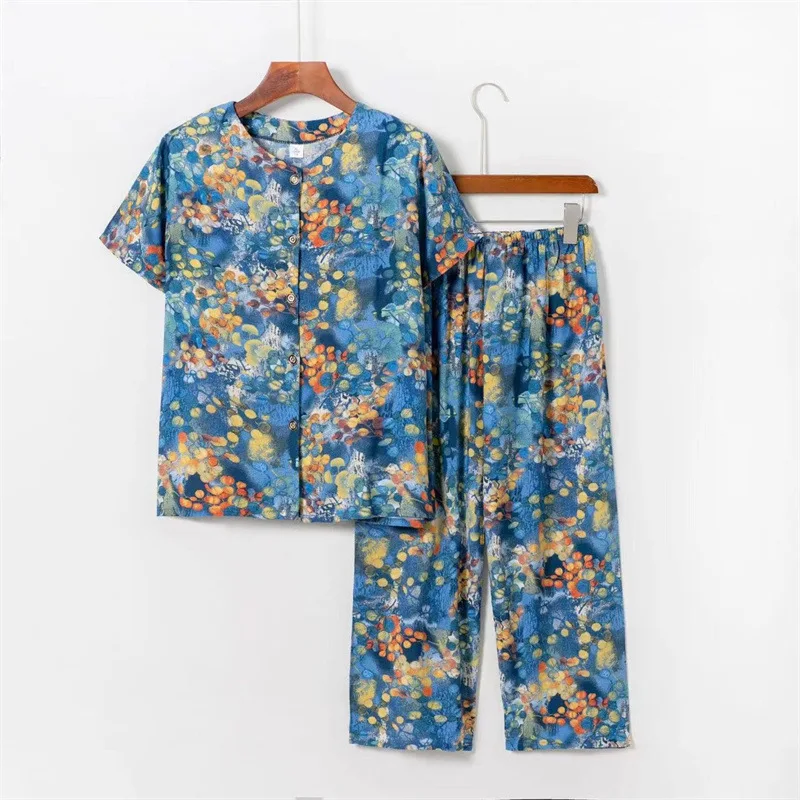 Conjuntos de pijama de manga curta feminino, pijama floral, 4XL, camiseta materna, tamanho grande, mãe, avó, verão