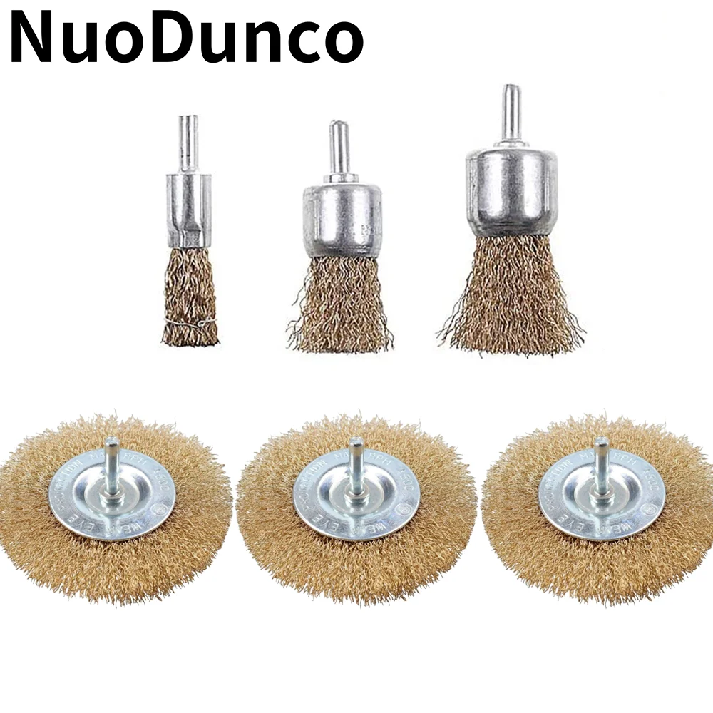 

Copper Plated Steel Wire Wheels Brushes Drill Rotary Tools Steel Wire Brush Brass Plated Wheels Polishing Metal Brush Set