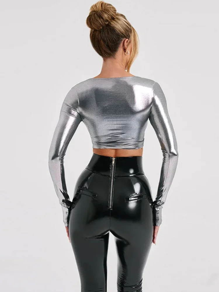 Long Sleeve Crop Top Women Aesthetic T Shirts O-Neck Slim Y2k Accessories Clothes Bright Streetwear Roupas Femininas Estilosas - view 4