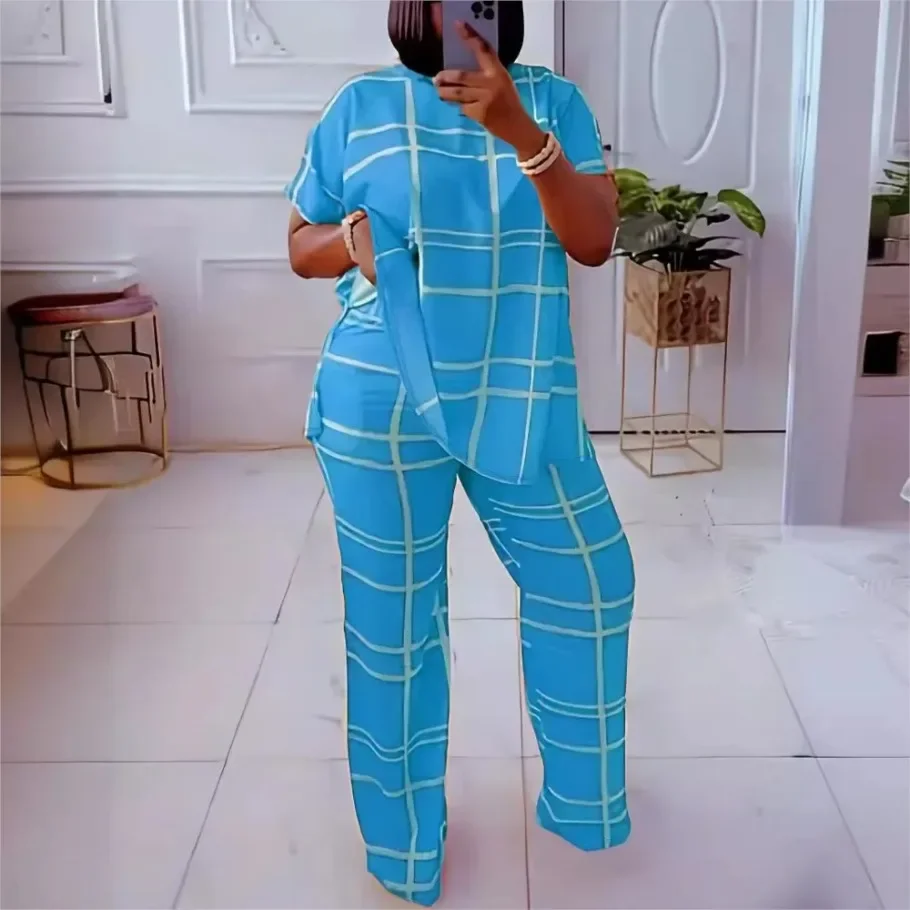 ربيع الخريف عناصر الموضة النسائية الجديدة مخطط شبكة مطبوعة عادية جولة الرقبة كبيرة مريحة قطعتين مجموعة