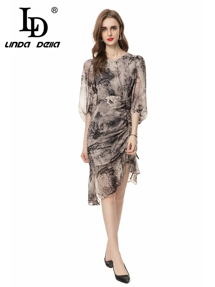 

LD LINDA DELLA Summer 2024 luxury designer Chiffon Dresses for women Shirring Lace Up Ruffle Hem Midi Buttock Covering Dresses