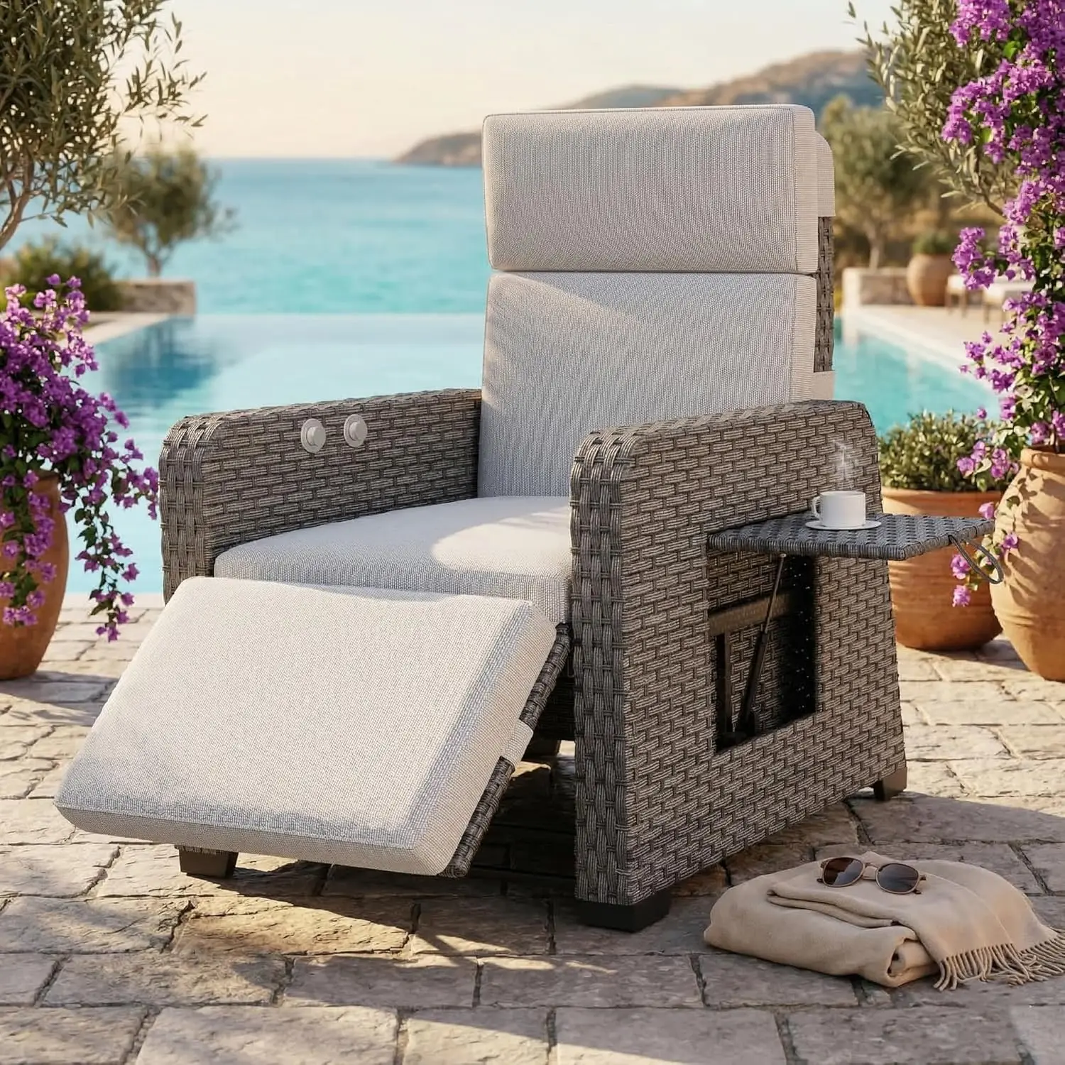 

150° Lay-Flat Wicker Recliner Dual Control Pump Side Table Extended Footrest 5" Olefin Cushion Outdoor, Customized