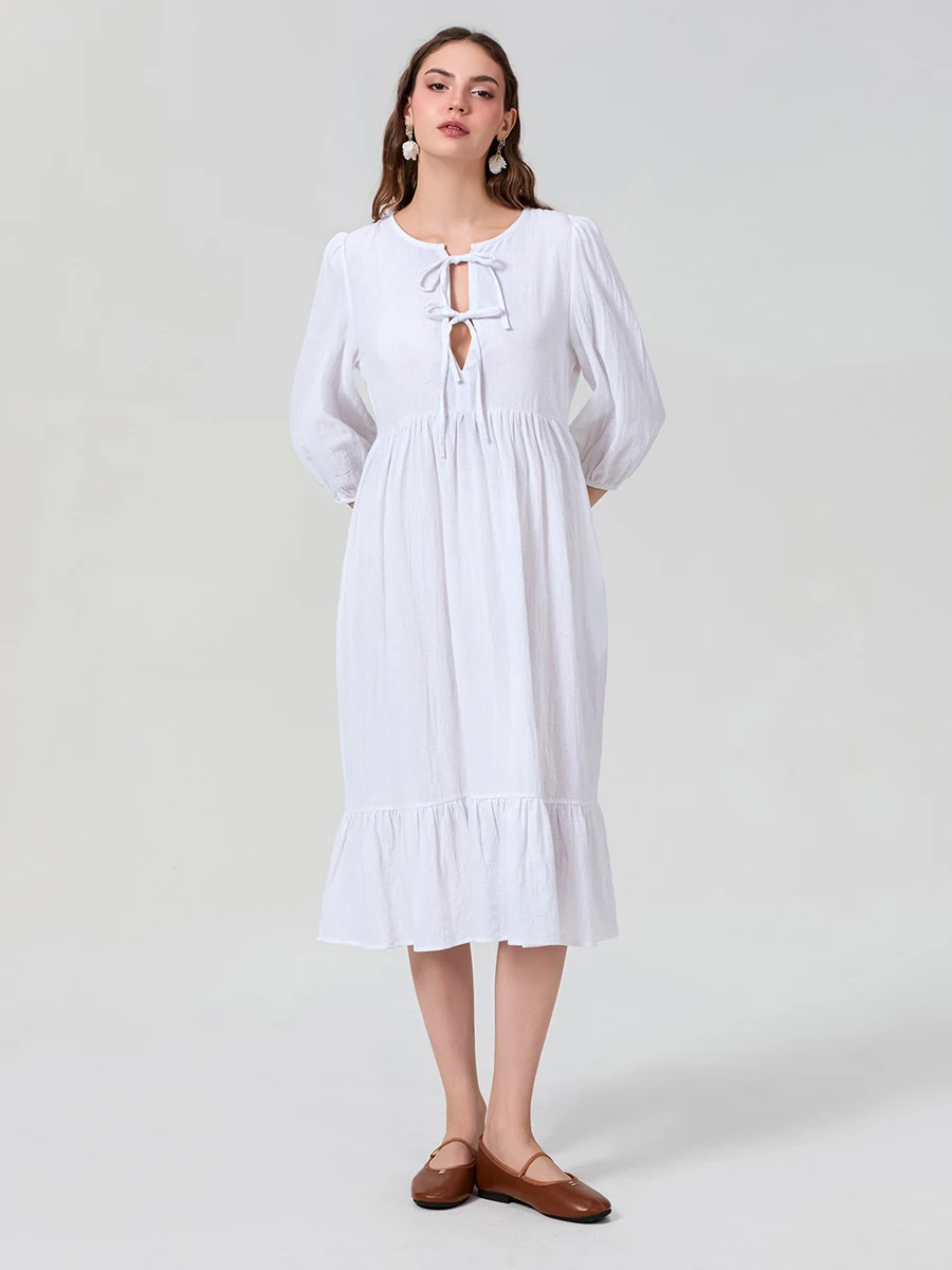 فستان نسائي طويل بلون سادة برباط أمامي فستان فضفاض صيفي كبير سوينغ 3 4 كم فستان كاجوال