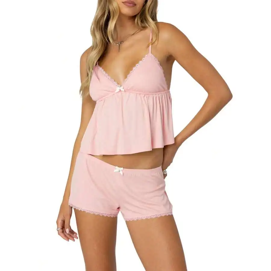 Womens Sleeveless V Neck Cami Top And Lace Trim Shorts Sleepwear Lounge Set
