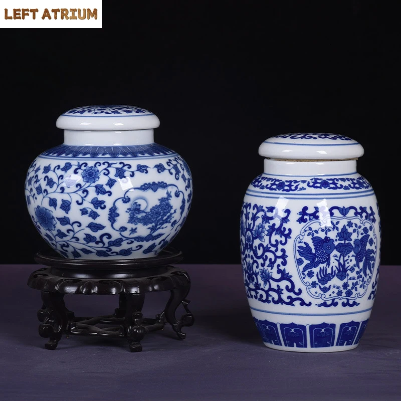 

Blue and White Porcelain Tea Jar with Lid Ceramic Table Top Vase Home Multifunctional Candy Nuts Jewelry Box Kitchen Container