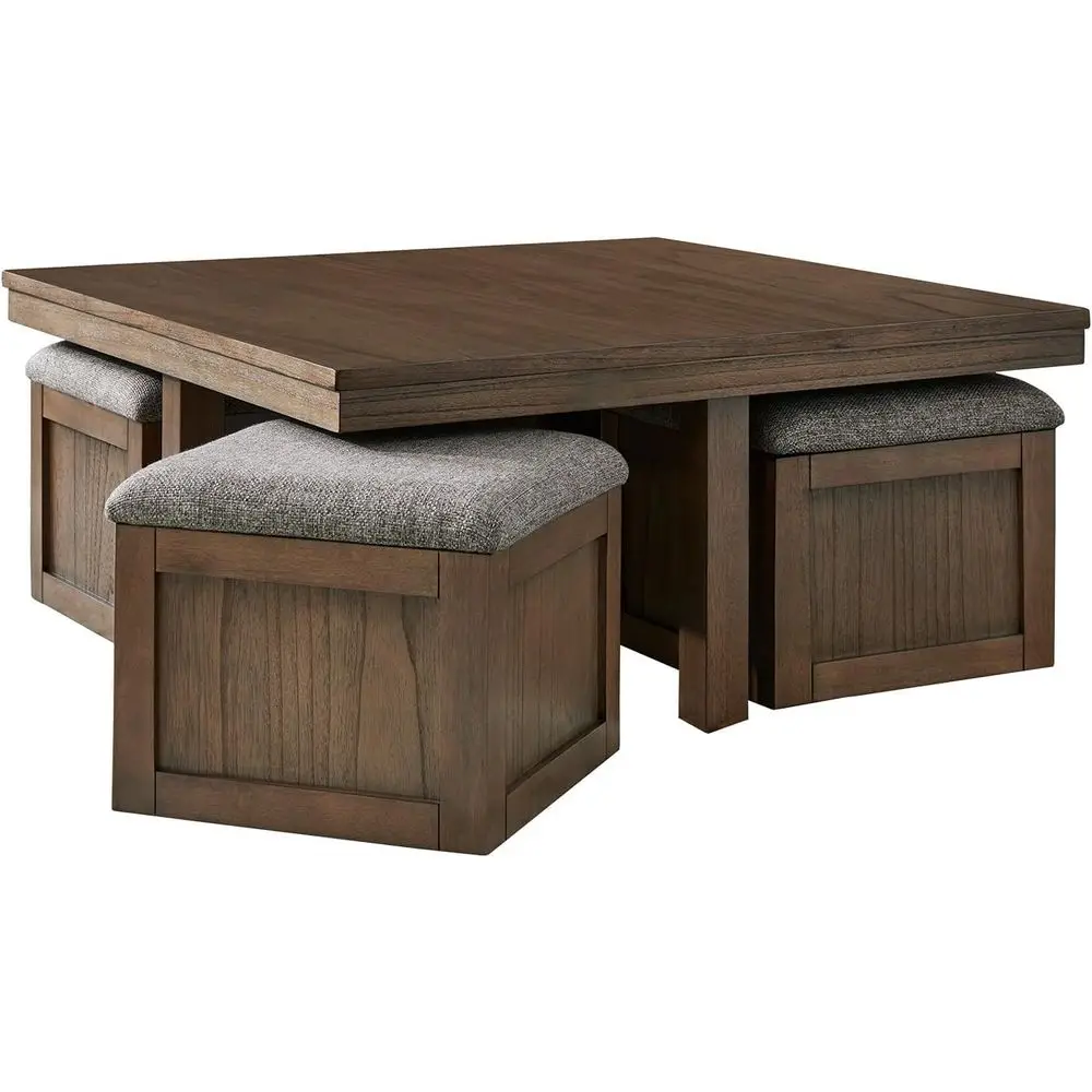 

Square Wood Coee Table with 4 Stools, 40"x40"x18", Acacia Veneer, Rich Light Brown inish, Upholstered Stools with Casters, Stora
