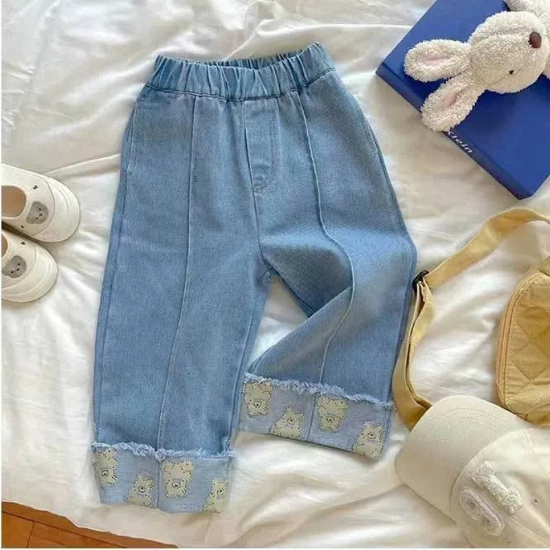 Korean Casual Baby Girl Jeans Pant Cotton Cartoon Bear Hem Children Girl Trouser Kids Wide Leg Pant