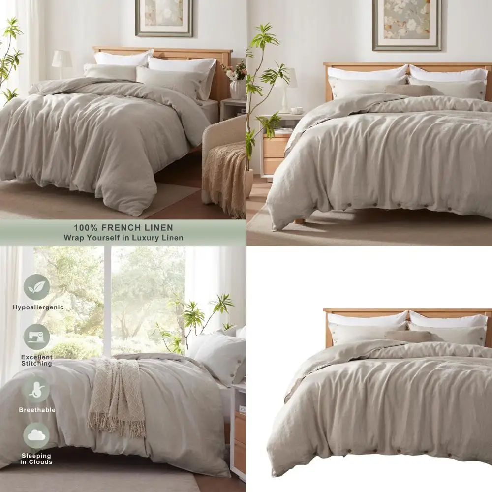 طقم غطاء لحاف كوين مقاس 100% مع كيس وسادتين، زر إغلاق، مفروشات ناعمة وجيدة التهوية على طراز المزرعة باللون الطبيعي L #1