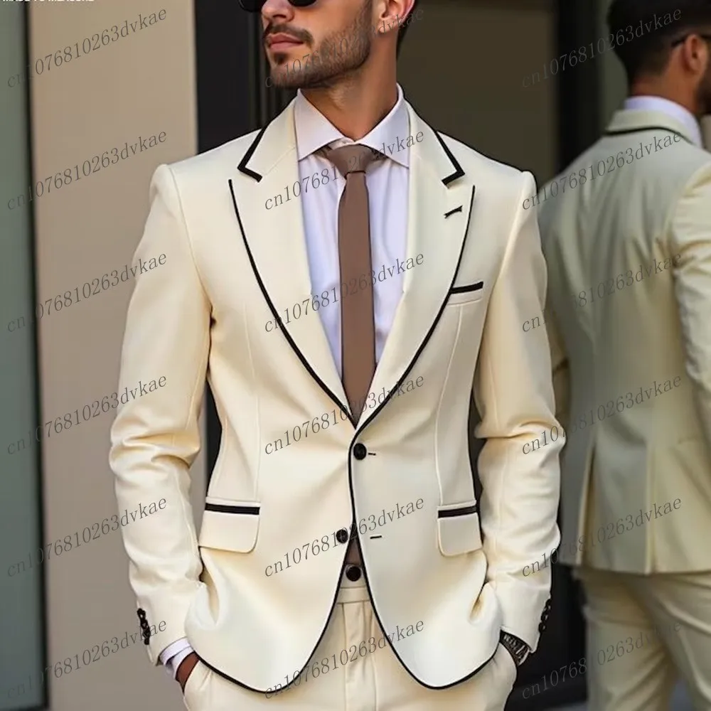 

New Ivory And Black Men Suit Groom Groomsman Wedding Party Prom Business Formal Male Tuxedos 2 Piece Set Blazer Pants 01