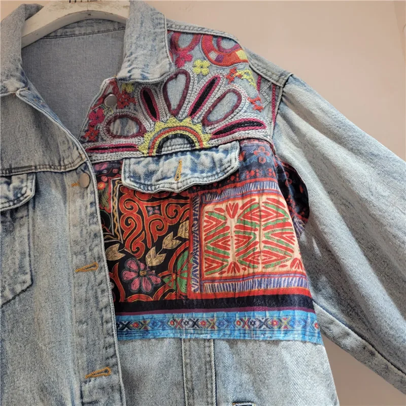 Vintage Blue Embroidery Spliced Denim Jacket Women Loose Short Cowboy Outerwear Long Sleeve Jeans Jacket Female Chaqueta Mujer