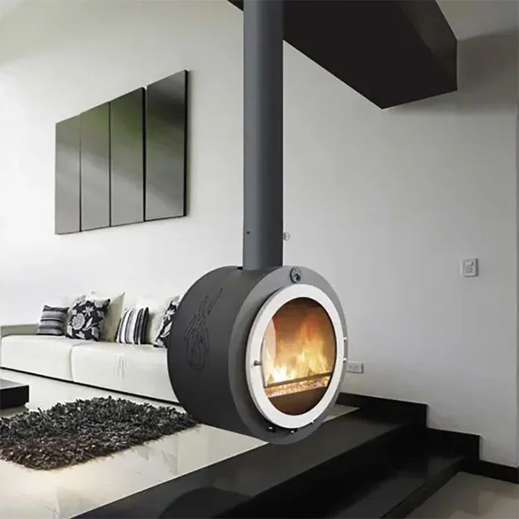 Chimeneas colgantes montadas en el techo modernas, quemador de leña suspendido, estufa de leña personalizada para interiores