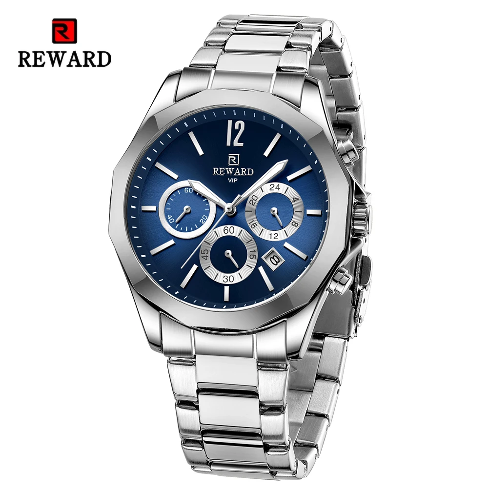 

REWARD VIP New Mens Watches Fashion Business Wrist Watches for Men Stainless Steel Waterproof Luminous Date Chronograph Clock