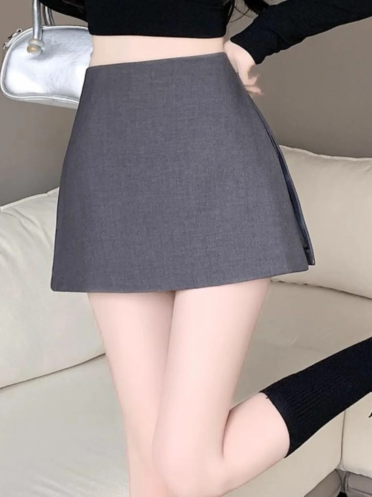 

Gray Suit Style Skirt Women's Autumn Winter Sporty A-Line Short Skirt High Waist Zipper Design Commute Korean Style