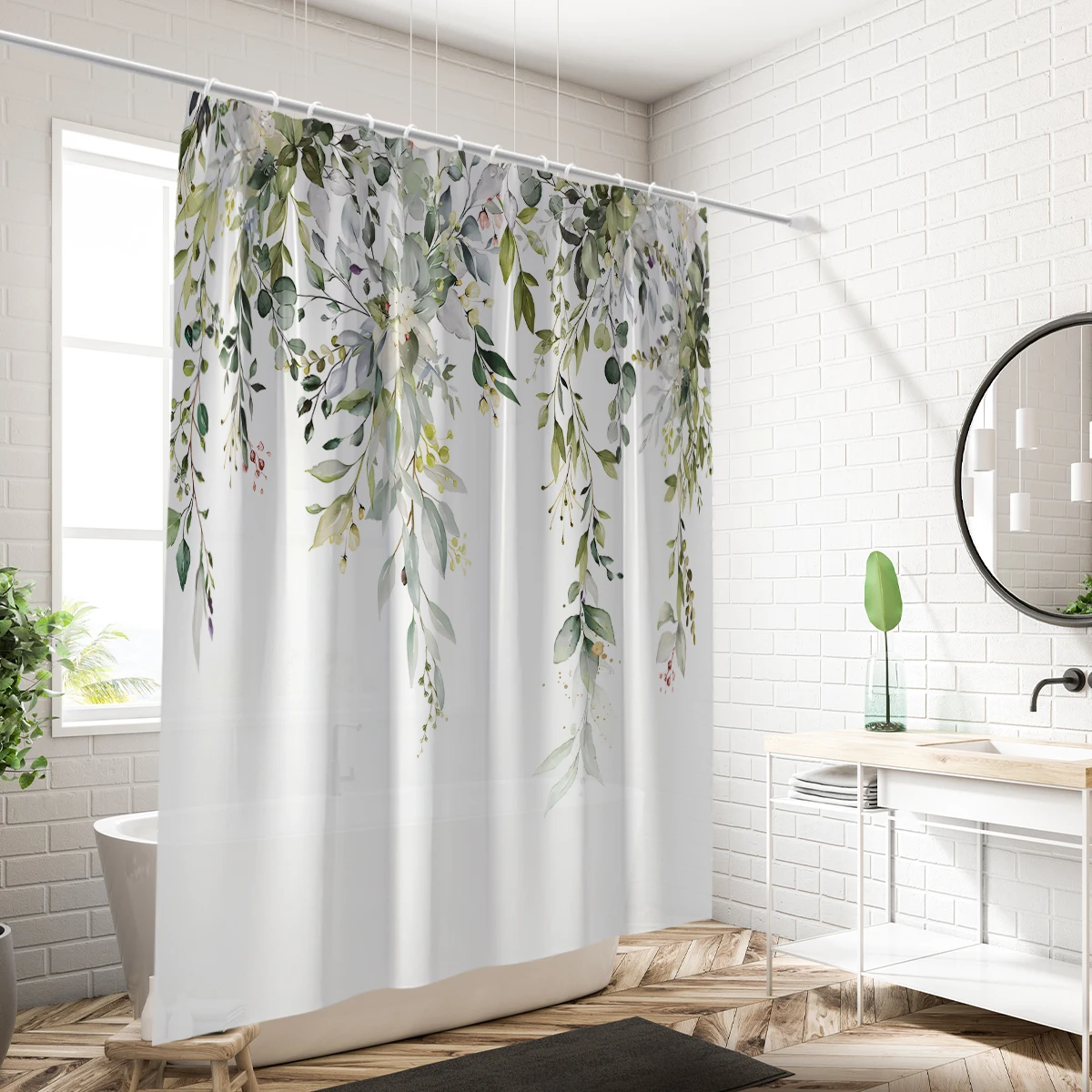 1PC green sage plants pattern printed shower curtain, waterproof and washable, with 12 hooks, bathroom shower, bathtub, home use