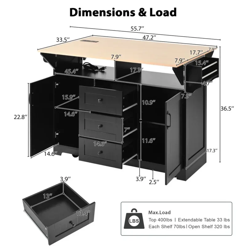 Kitchen island with drop down board, rolling kitchen cart, folding storage table with spice and towel rack, 3 drawers,