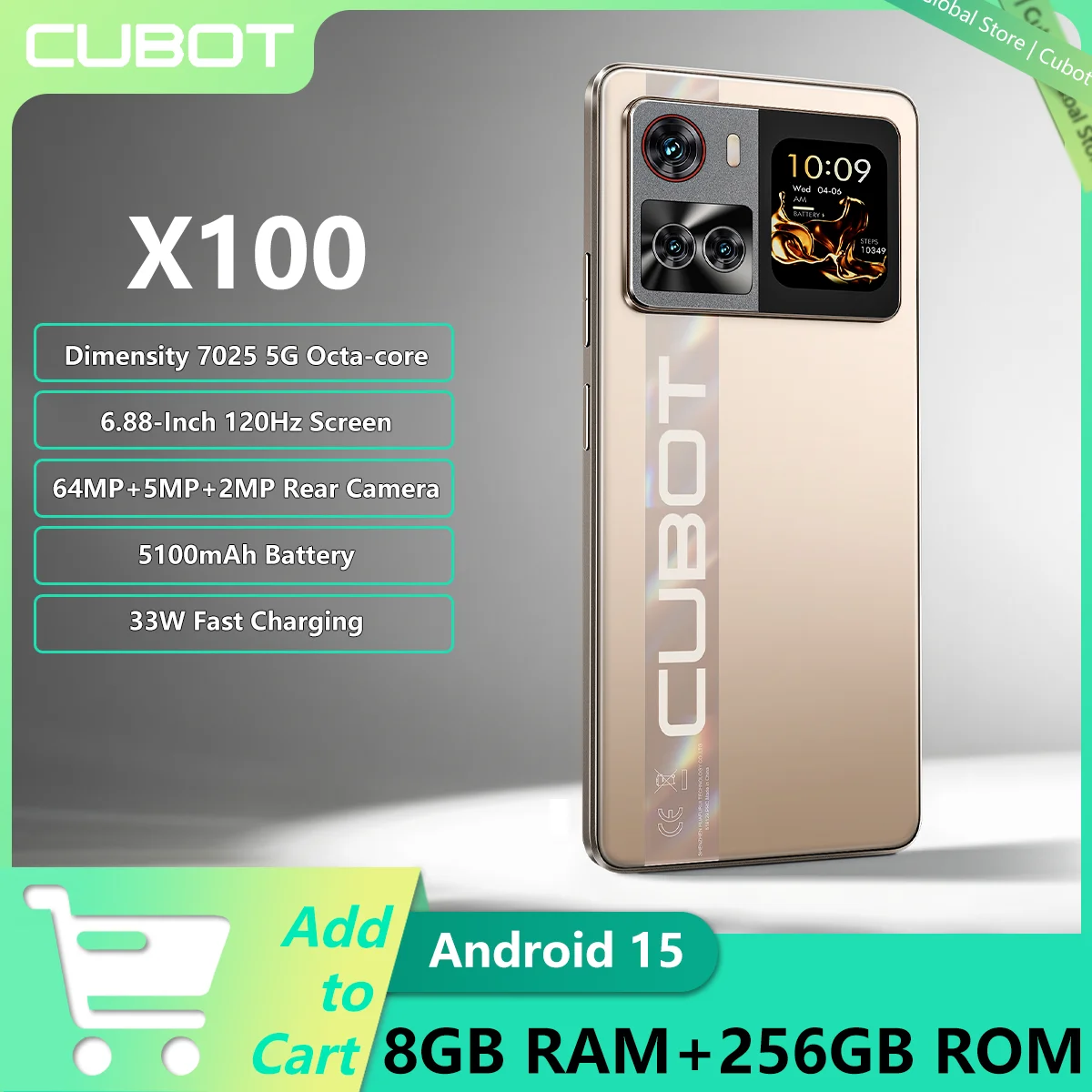 جديد Cubot X100 أندرويد 15 الهاتف الذكي الأبعاد 7025 5G 1.72 "العرض الخلفي 64MP الكاميرا الرئيسية 5100mAh بطارية 33W شحن سريع NFC