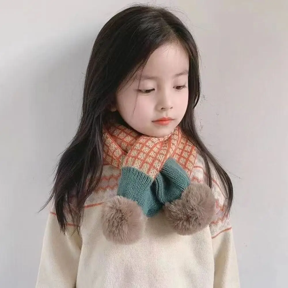 Soft Pompon Trim Plaid Knitted Scarf Stripe Pattern Warm Thicken Fabric Patchwork Shawl Warm Neck Cover