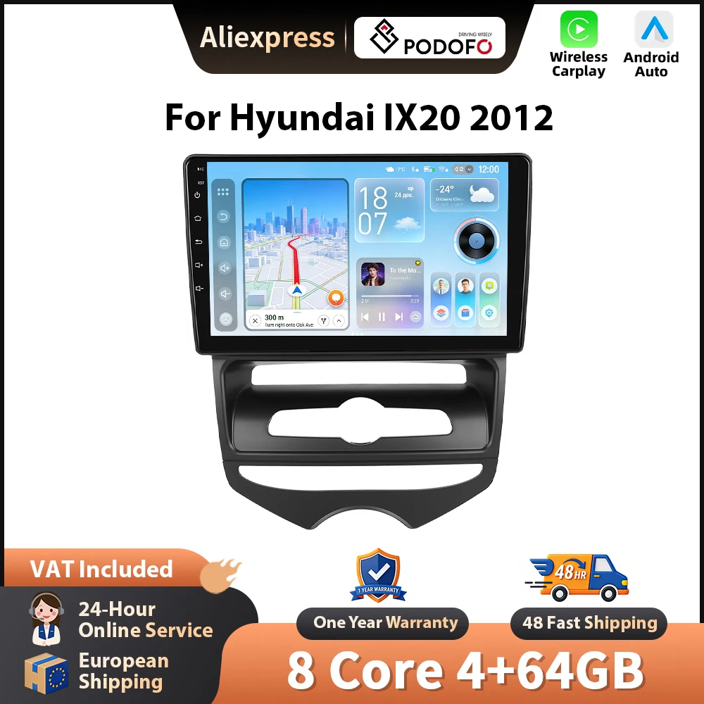 Podofo 9'' Wireless CarPlay Autoradio für Hyundai IX20 2012 Android GPS Navigation Autoradio FM/RDS BT EQ Auto Multimedia Player