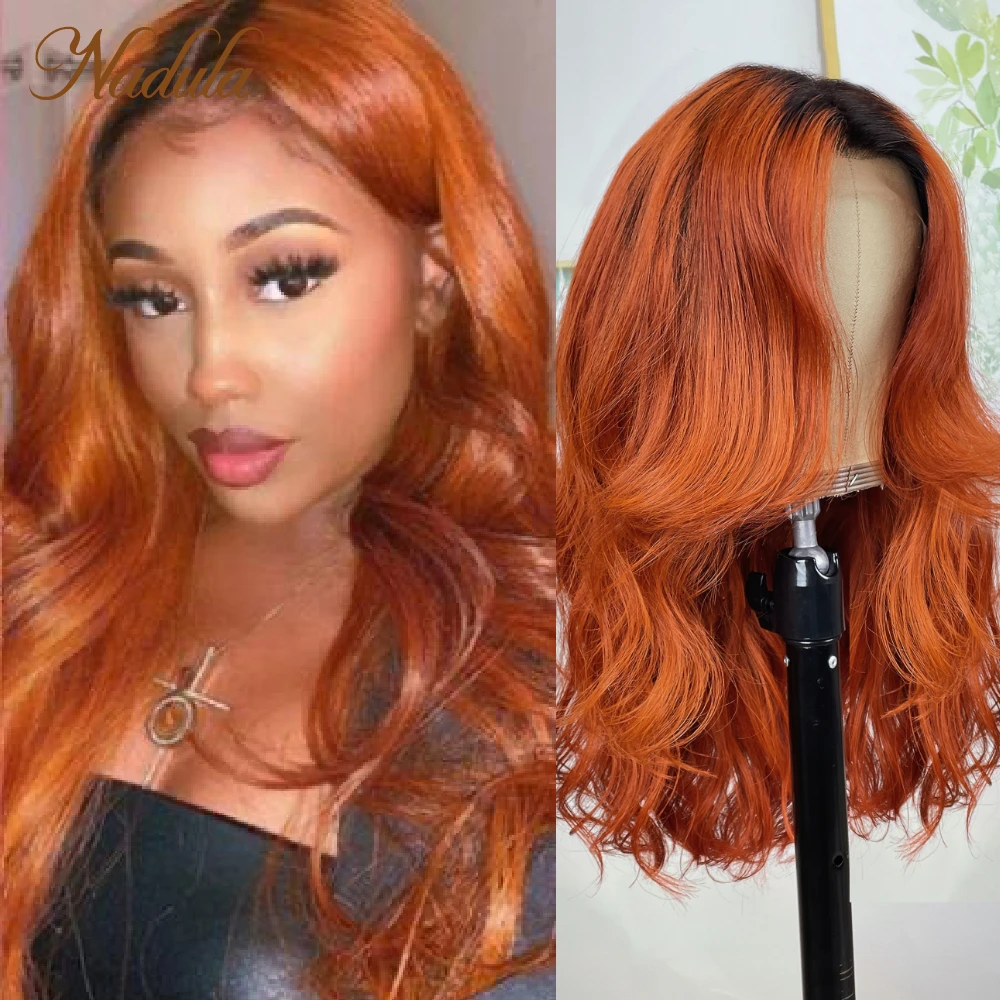 Nadula Hair 13x4 Lace Frontal Wig Ginger Burnt Orange Color Loose Wave Wig With Dark Roots 100% Human Hair Wigs for Women