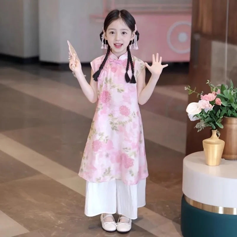 Girls New 2026 Summer Outfit Set Hanfu Children's Ancient Fashion Stylish Summer Chic Chinese Style New Mid-century Clothing