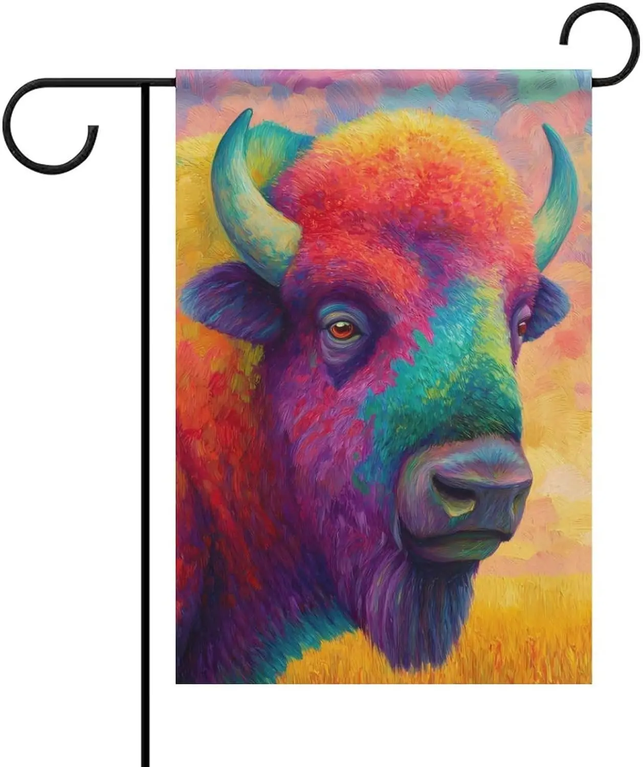 Colorful Buffalo Painting Funny Seasonal Garden Flag 12x18 Inch Double Sided Yard Flags for Outside Holiday Decor llp