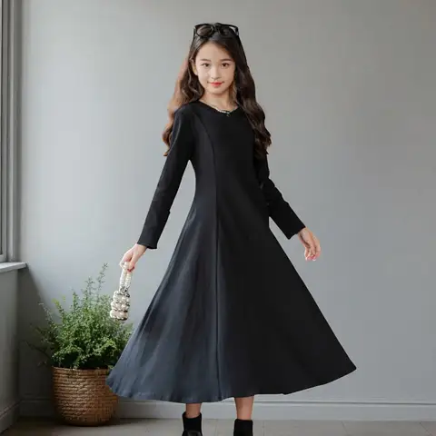 Kids Long Black Dresses for Girls Clothes Long Sleeve Muslim Grey Dresses Cotton School Outfits Teenagers Children Baby Costumes