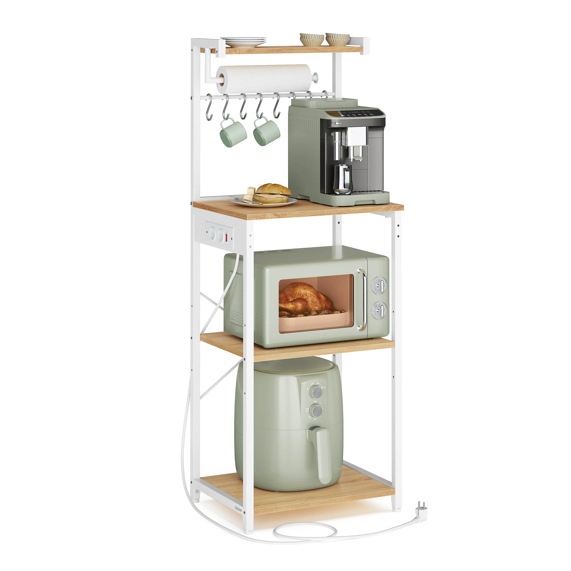 VASAGLE 4-laags staand keukenrek met oplaadstation, 8 haken, 40x45x140cm