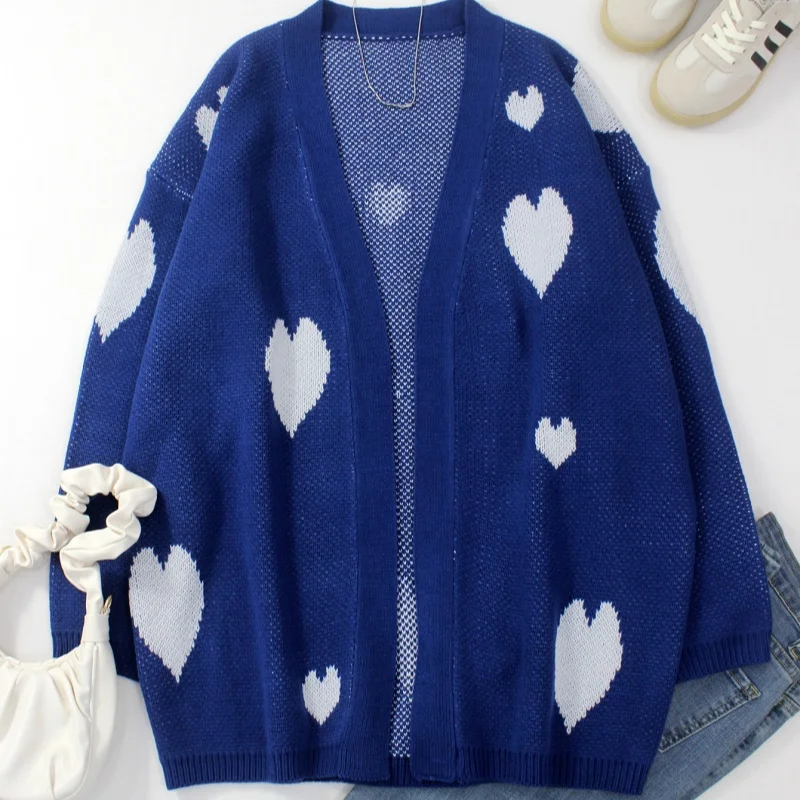 

Women’s European American Jacquard Knitted Cardigan Heart Collar Loose Long Sleeve Casual Inner Wear Fashion Sweater Coat