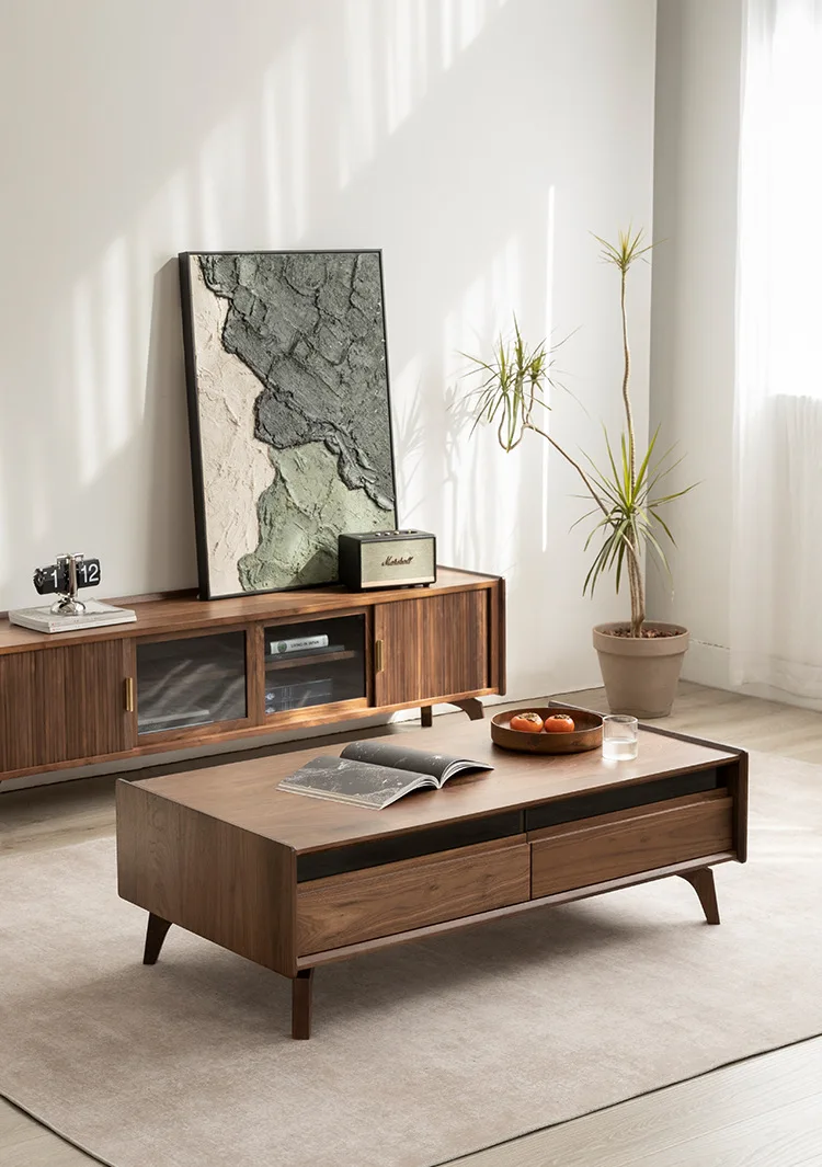 Solid wood coffee table  black walnut  log living room small apartment combination multi-functional