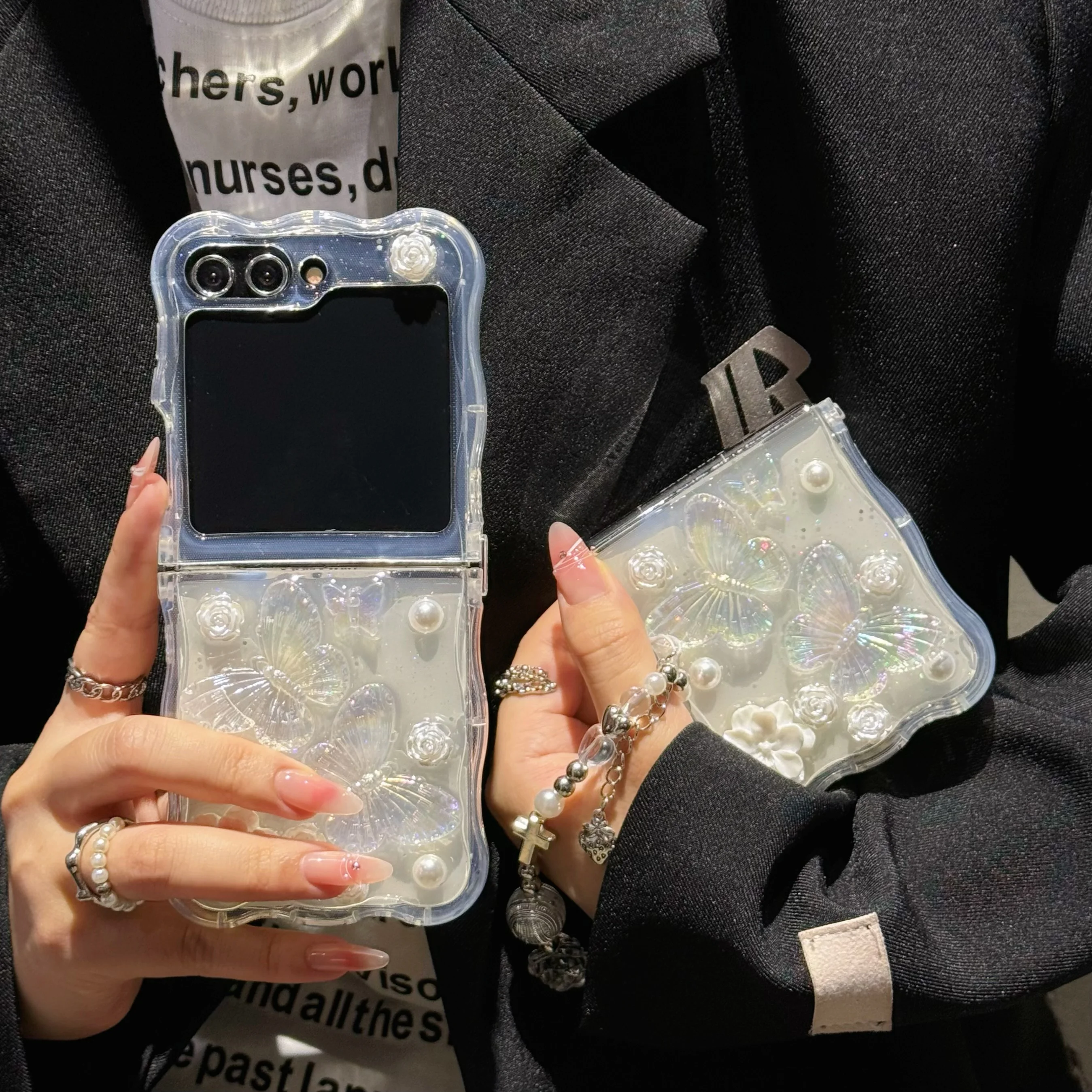 Rose Schmetterling Handyhülle für Samsung Galaxy Z Flip 6 5 4 3 Armband Welle stoßfeste Abdeckung für Samsung Z Flip7 mit Lanyard-Abdeckung
