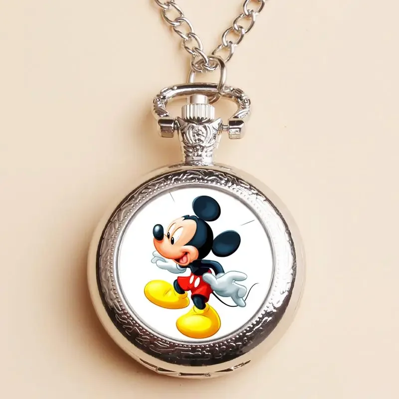 Disney Mickey Minnie Donald Duck Cartoon Animation Children's Pocket Watch Necklace Girls Kawaii Quartz Watch Necklace Gift