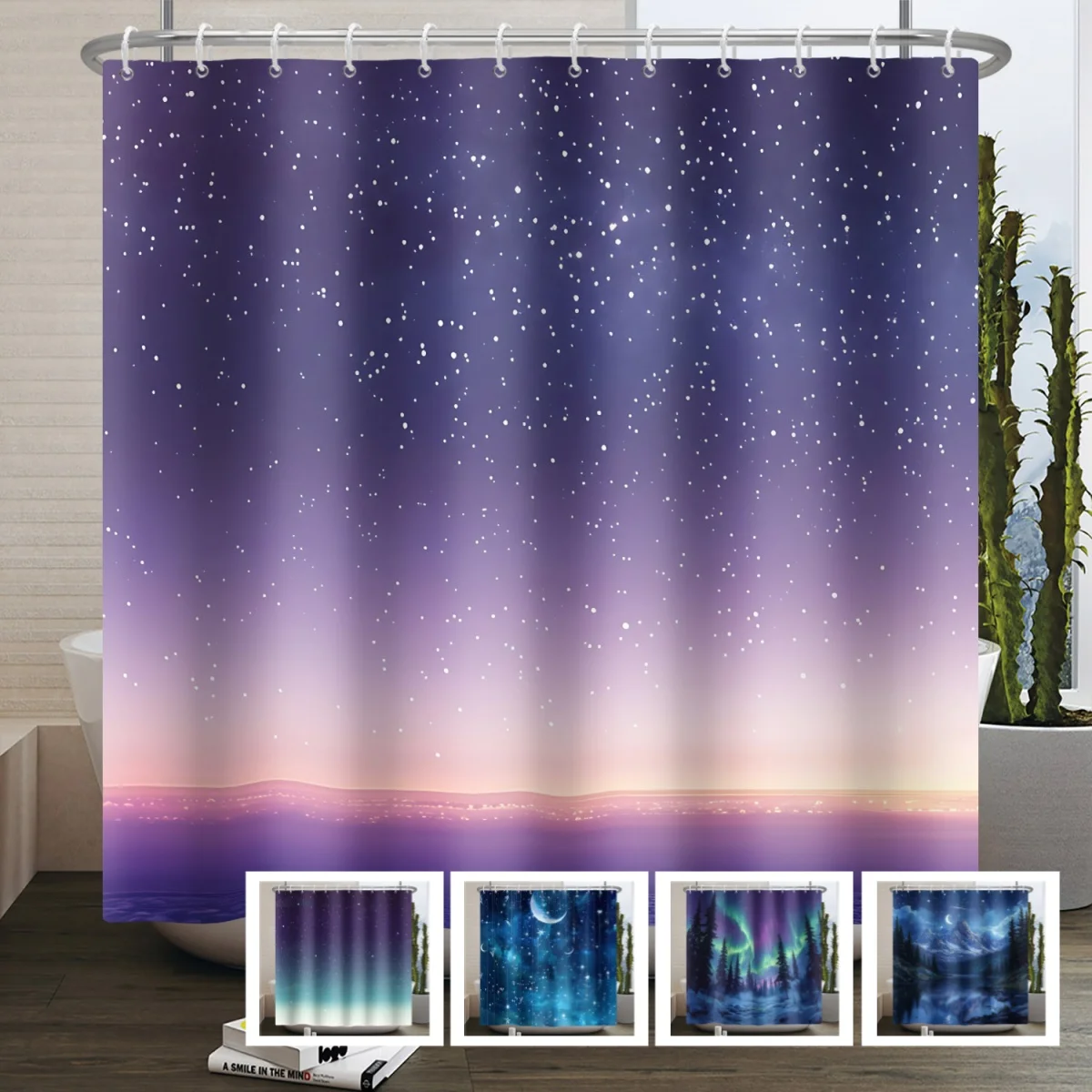 Dreamy Starry Sky Theme Modern Bathroom Curtain Aurora Planet Galaxy Moon Waterproof Polyester Shower Curtain Decor with 12 Hook