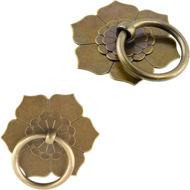 AB34-Vintage Drop Ring Knobs Tone Ring Pulls Flower Shape For Dresser Wardrobe Kitchen Drawer Cabinet Hardware