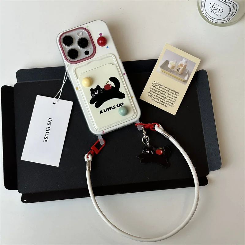 Three dimensional bead rainbow bean black cat card case with the same black cat phone strap For iPhone 11 12 13 14 15 pro max