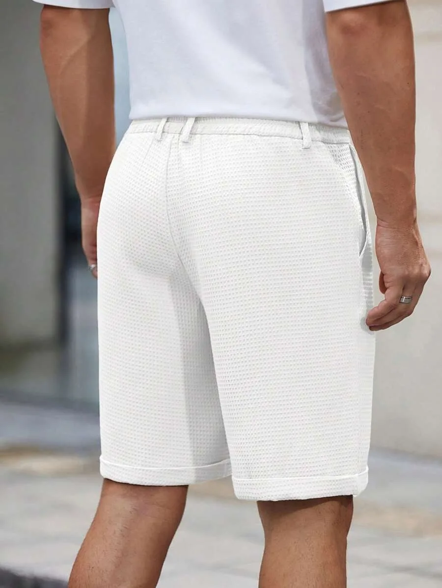 2026 New Men's Summer Waffle Texture Elastic Golf Shorts Breathable Solid Color Business Knee length Casual Shorts
