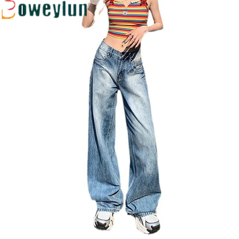 

Boweylun American Style Retro High-waisted Do Old Wide-leg Jeans Women Spring and Autumn New Loose Drag Pants Female