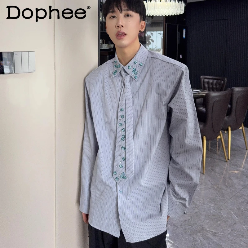 

Men's 2025 Autumn Diamond-Studded Hand-Stitched 3D Beaded Flower Tie Shirts Loose High-End Striped Padded Shoulder Trendy Shirt