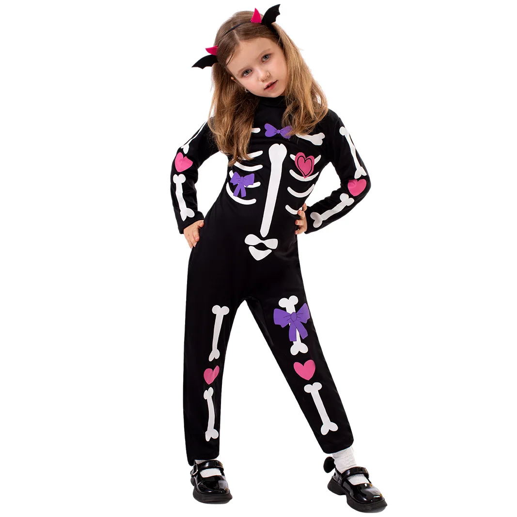 

Children's Halloween Scary Skull Jumpsuit Girl's Headwear Jumpsuit Set Skull Printed Jumpsuit Party Stage Performance Costumes