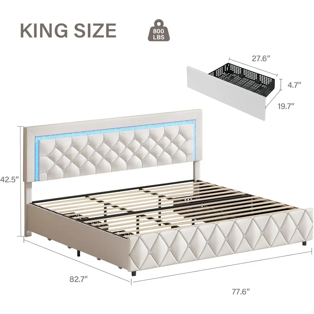 King Size Bed Frame with LED Lights and 4 Storage Drawers, Upholstered Platform Bed with Crystal Tufted Headboard, Wooden Slats