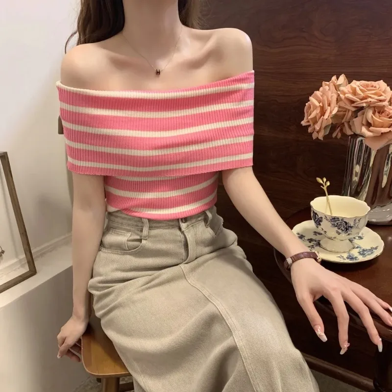 Women's Off Shoulder Striped Knit Top Short Sleeve Slim Fit Summer Casual T-shirt